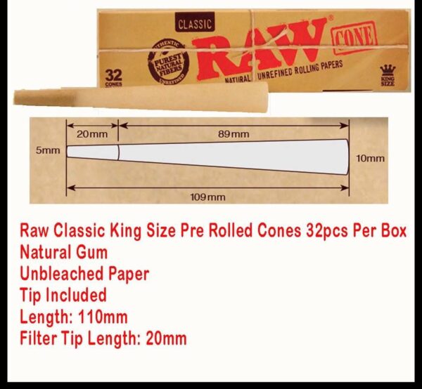11c5f90c-f985-420a-92fc-d014a0655caa RAW CLASSIC KINGSIZE PRE ROLLED CONE 32PC PER BOX
