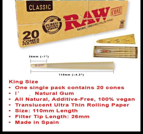 412177eb-b823-4c6d-8e61-430eeb16a2e3 RAW CLASSIC KINGSIZE PRE ROLLED CONE 20PC PER BOX