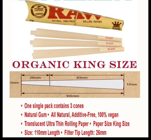 RAW ORGANIC KINGSIZE PRE ROLLED CONE 3PC PER BOX