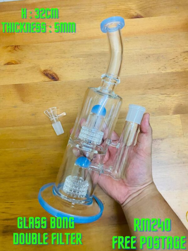 GLASS BONG DOUBLE FILTER BLUE 32CM
