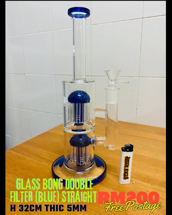 GLASS BONG DOUBLE FILTER BLUE STRAIGHT 32CM
