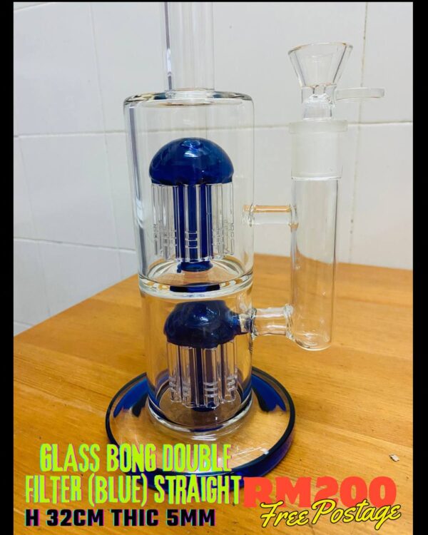 GLASS BONG DOUBLE FILTER BLUE STRAIGHT 32CM