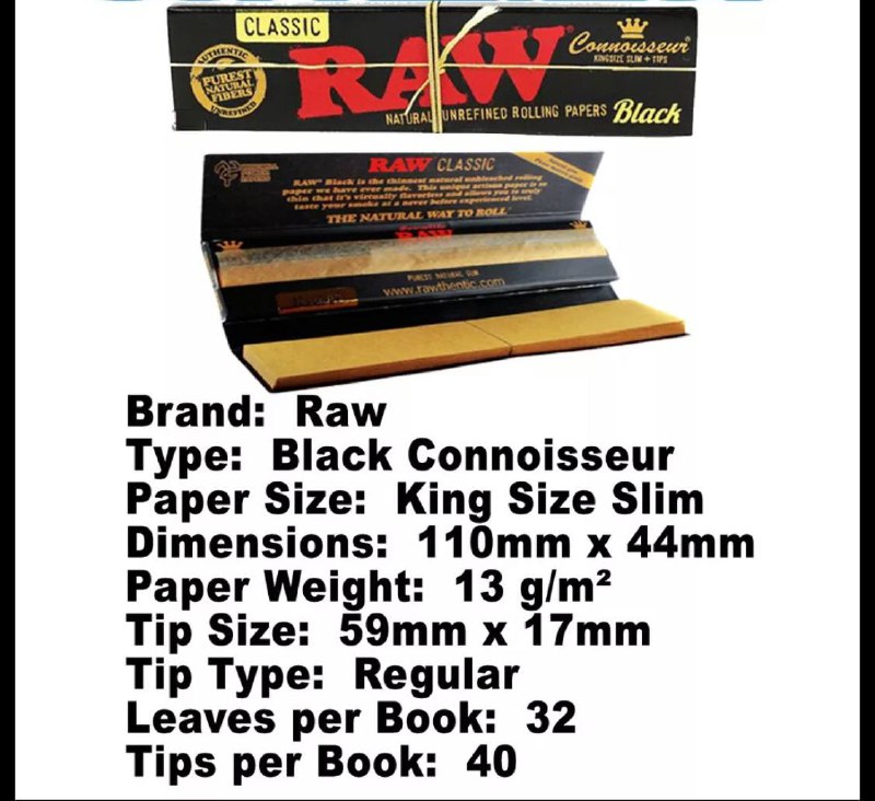 Rawthentic Black Classic Connoisseur King Size Slim Rolling Papers & Tips 110mm - Image 3