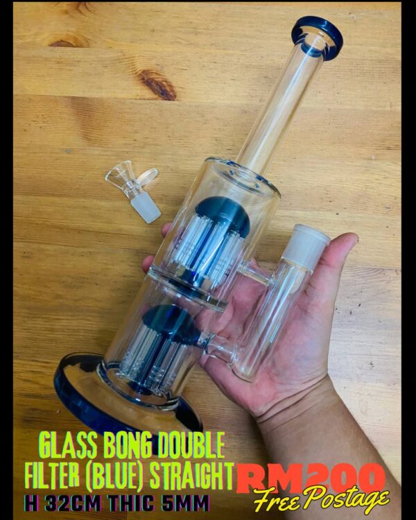 GLASS BONG DOUBLE FILTER BLUE STRAIGHT 32CM